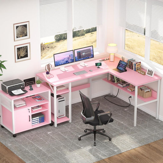 Reversible L Shaped Desk with Magic Power Outlets and USB Charging Ports, Sturdy Corner Computer Desk with Storage Shelves, Gaming Table Home Office Desk, Easy to Assemble, Pink