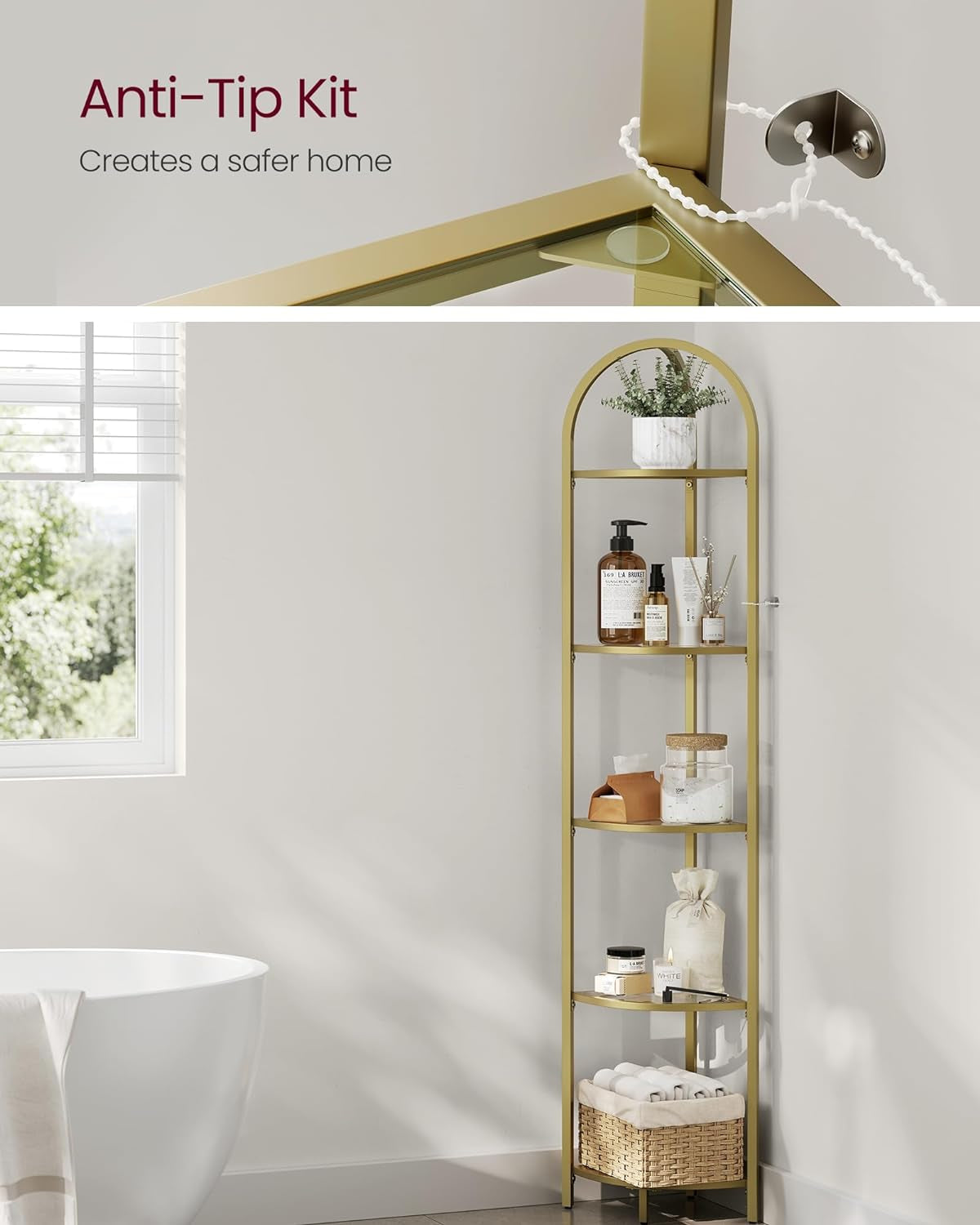 5-Tier Corner Shelf Stand, Corner Bookshelf, Bathroom Organizer, Plant Stand, Tempered Glass, Steel Frame, Modern Style, for Living Room, Bathroom, Kitchen, Metallic Gold ULGT810A01