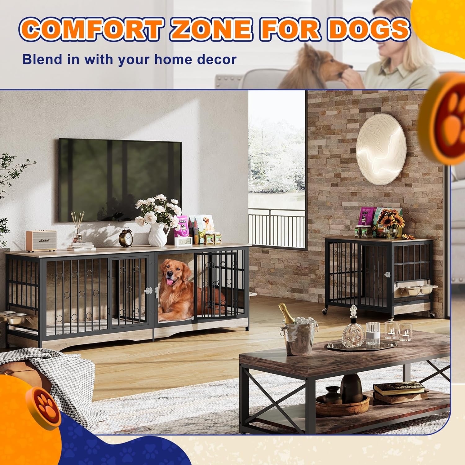 75'' Dog Crate Furniture Large Storage TV Stand with Dual Cushion / 4 Bowls/Double Rooms, Wooden Dog Kennel Dog Crate End Table with Removable Divider for Large Medium Dogs, Rustic Brown