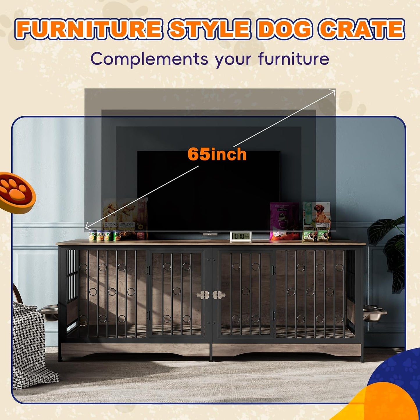 75'' Dog Crate Furniture Large Storage TV Stand with Dual Cushion / 4 Bowls/Double Rooms, Wooden Dog Kennel Dog Crate End Table with Removable Divider for Large Medium Dogs, Rustic Brown