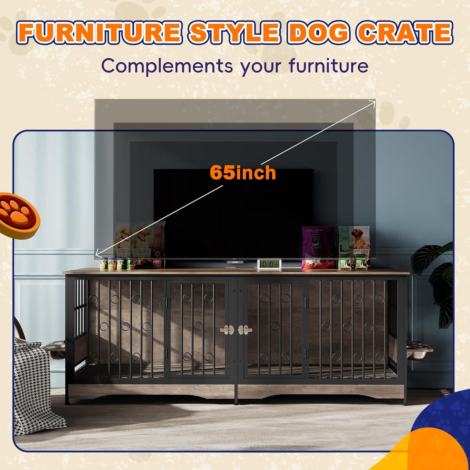 75'' Dog Crate Furniture Large Storage TV Stand with Dual Cushion / 4 Bowls/Double Rooms, Wooden Dog Kennel Dog Crate End Table with Removable Divider for Large Medium Dogs, Rustic Brown