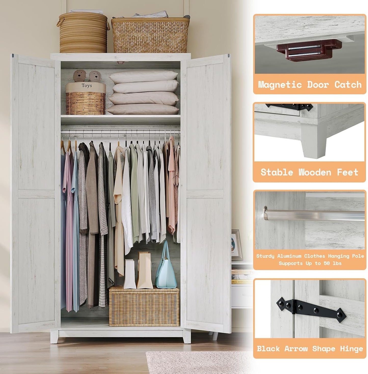 Farmhouse Armoire Wardrobe Closet with 2 Barn Doors, 71'' Storage Cabinet with Hanging Rod & Shelf, Versatile Clothing Storage for Bedroom, Distressed White