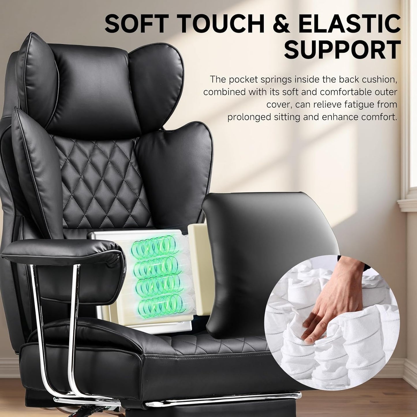 Big and Tall Office Chair, High Back Leather Gaming Chair with Footrest, Executive Ergonomic Office Chair with Pocket Spring Lumbar Support and with Outward Fixed Soft Armrests