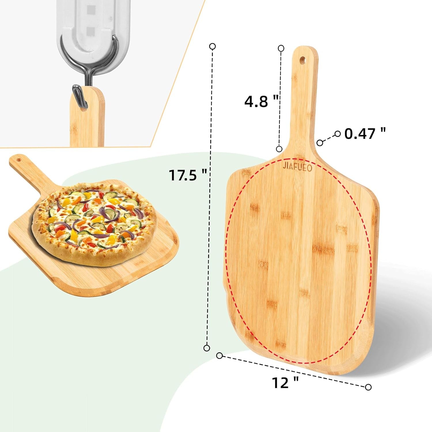 Pizza Peel 12 Inch, Bamboo Pizza Paddle Spatula - Wooden Serving Board, Oven Accessory for Baking Homemade, Wood Cutting Board for Cheese Bread Fruit Vegetables