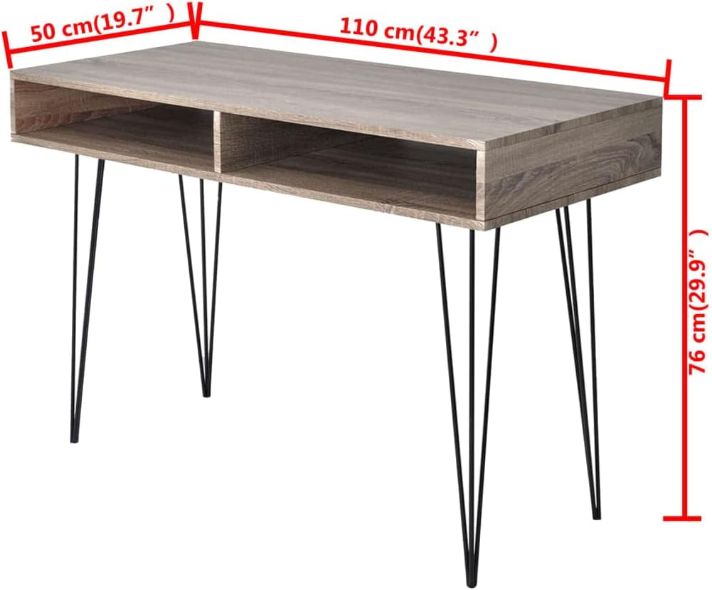 Modern Grey MDF & Black Metal Desk, 43.3 X 19.7 X 29.9 In, Stylish Rectangular Computer Office Table with 2 Storage Compartments, Ideal for Home Study & Writing