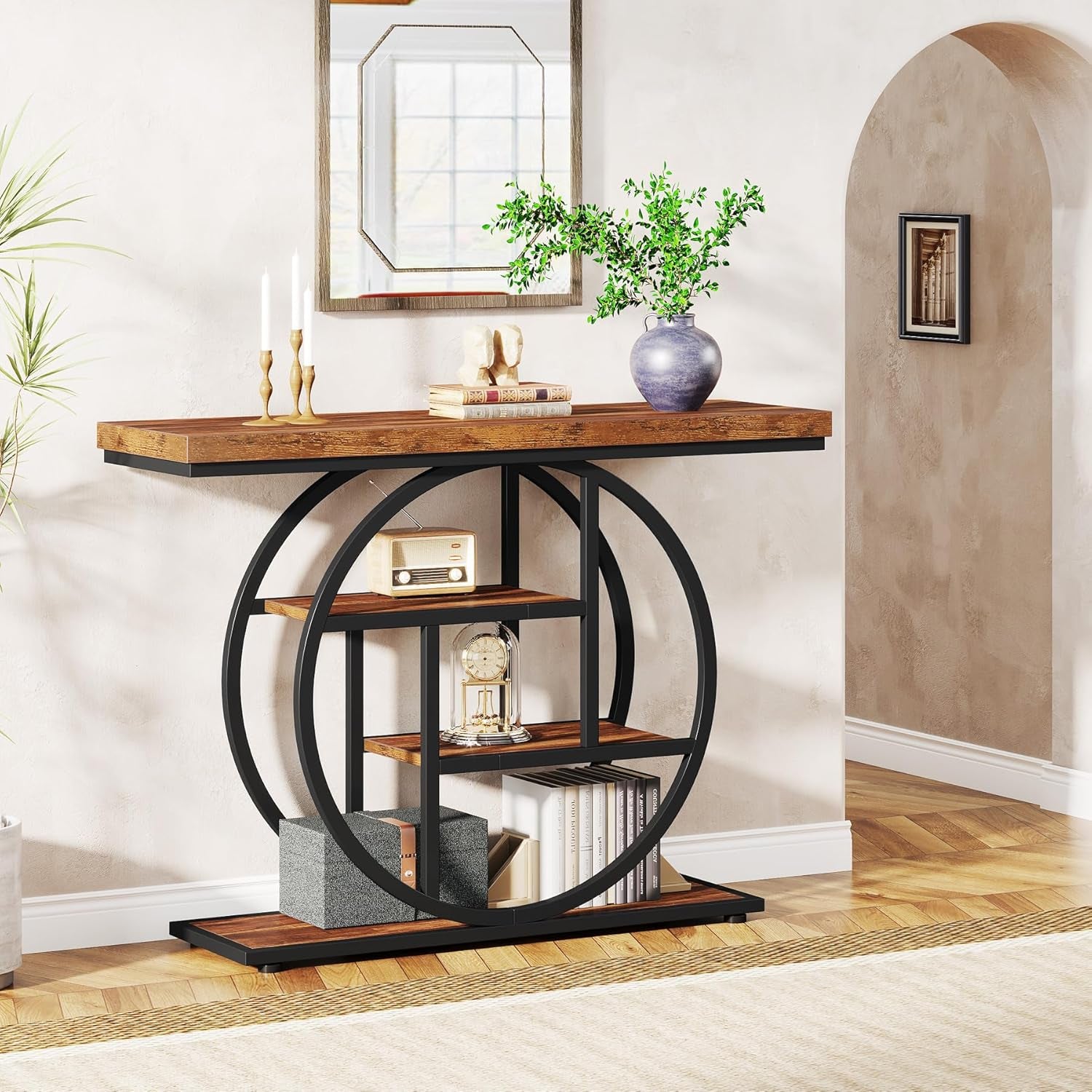 41.3" Console Table, Industrial 4-Tier Sofa Table Entryway Table with Circle Base, Narrow Wood Accent Tables with Storage Shelves for Living Room, Hallway, Foyer, Rustic Brown
