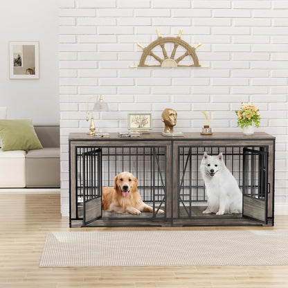 71'' Double Dog Crate Furniture for 2 Dogs, Extra Large Dog Cage with Adjustable Divider, Heavy Duty Dog Kennel Indoor with 4 Bowls, XXL Dog Crate Wooden TV Stand End Table for Large Breed, Grey