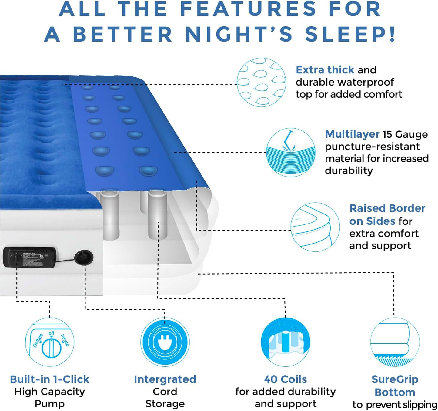 Dream Series Luxury Air Mattress, Comfortcoil Technology, Built-In High Capacity Pump for Home, Camping- Double Height, Adjustable, Inflatable Blow Up, Portable (Queen Size)