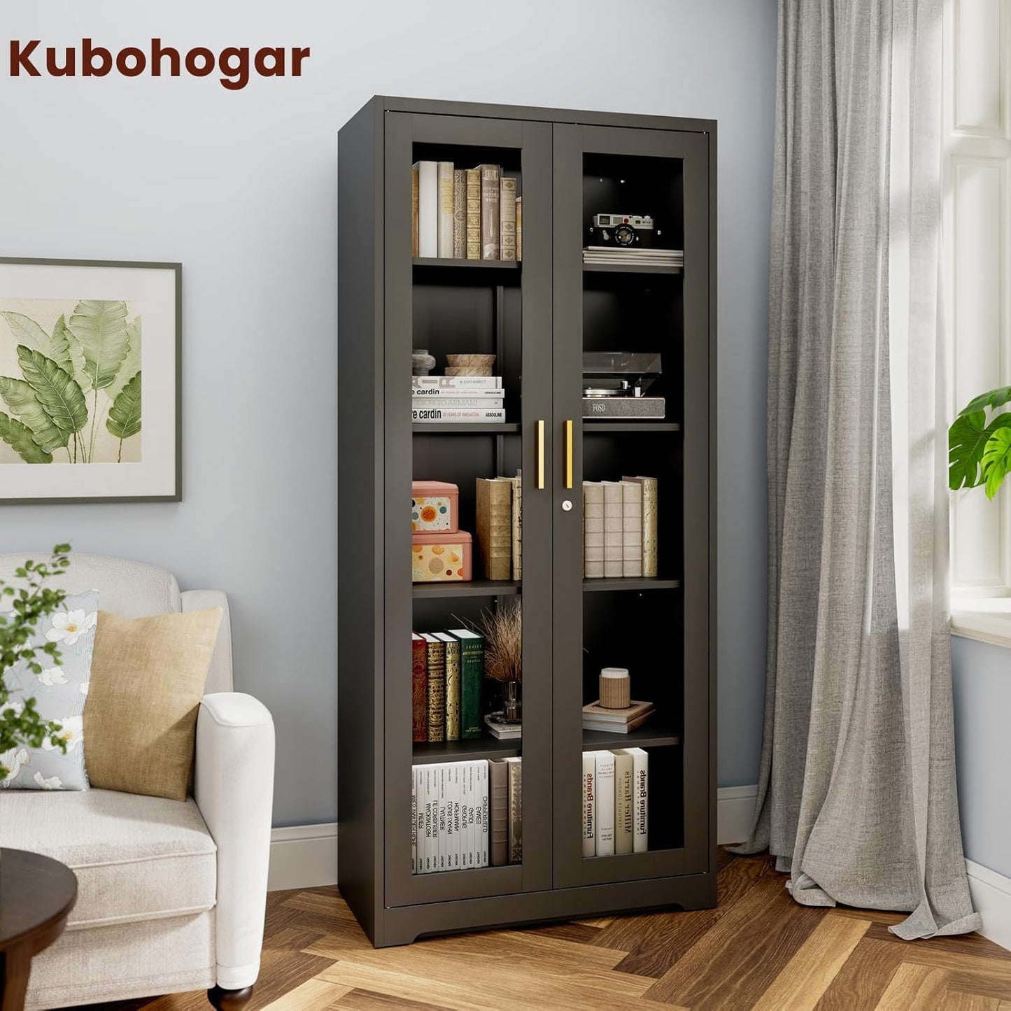 71" Metal Display Cabinet with Glass Doors, Locking Curio Cabinets with 4 Adjustable Shelves, Glass Display Case for Collectibles, Metal Storage Cabinet