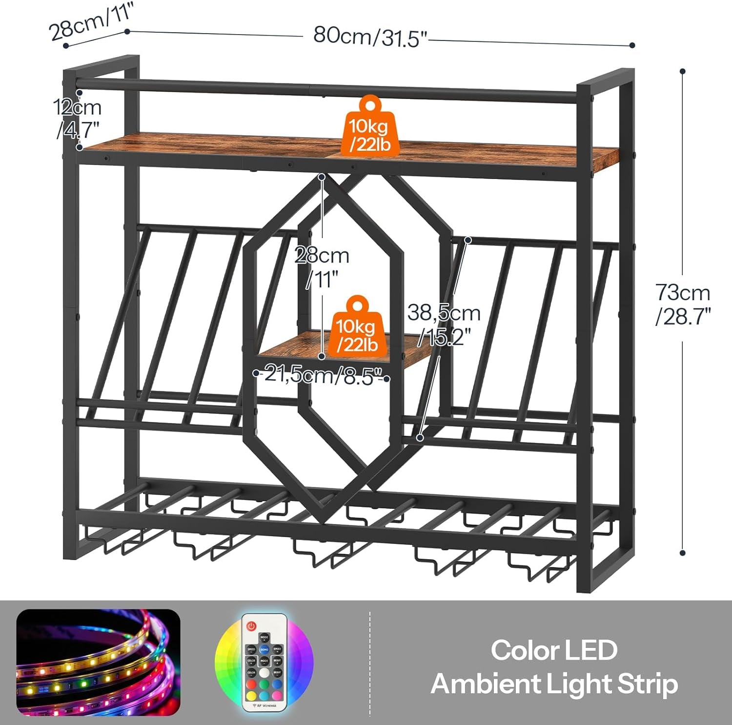 Wall Mounted Wine Rack with LED Light, 31.5" Wine Shelf, 3 Tier Wine Bottle Display Shelf with Glass Holder, Hanging Bar Liquor Storage Rack, for Kitchen, Bar, Rustic Brown and Black BF73DBJ01