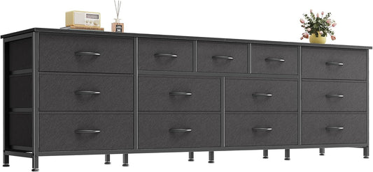 70 Inch Dresser for Bedroom, TV Stand for 65, 75, 80 Inch TV, 13 Fabric Drawer Long Dresser, Wide Chest of Drawer, Black Storage Units for Bedroom