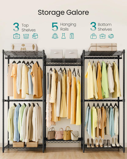 Heavy-Duty Clothes Rack, Garment Rack, Portable Closet, 68.7-Inch Wide Clothing Rack with Adjustable Mesh Shelves and Hanging Rails, Ink Black ULGR433B01