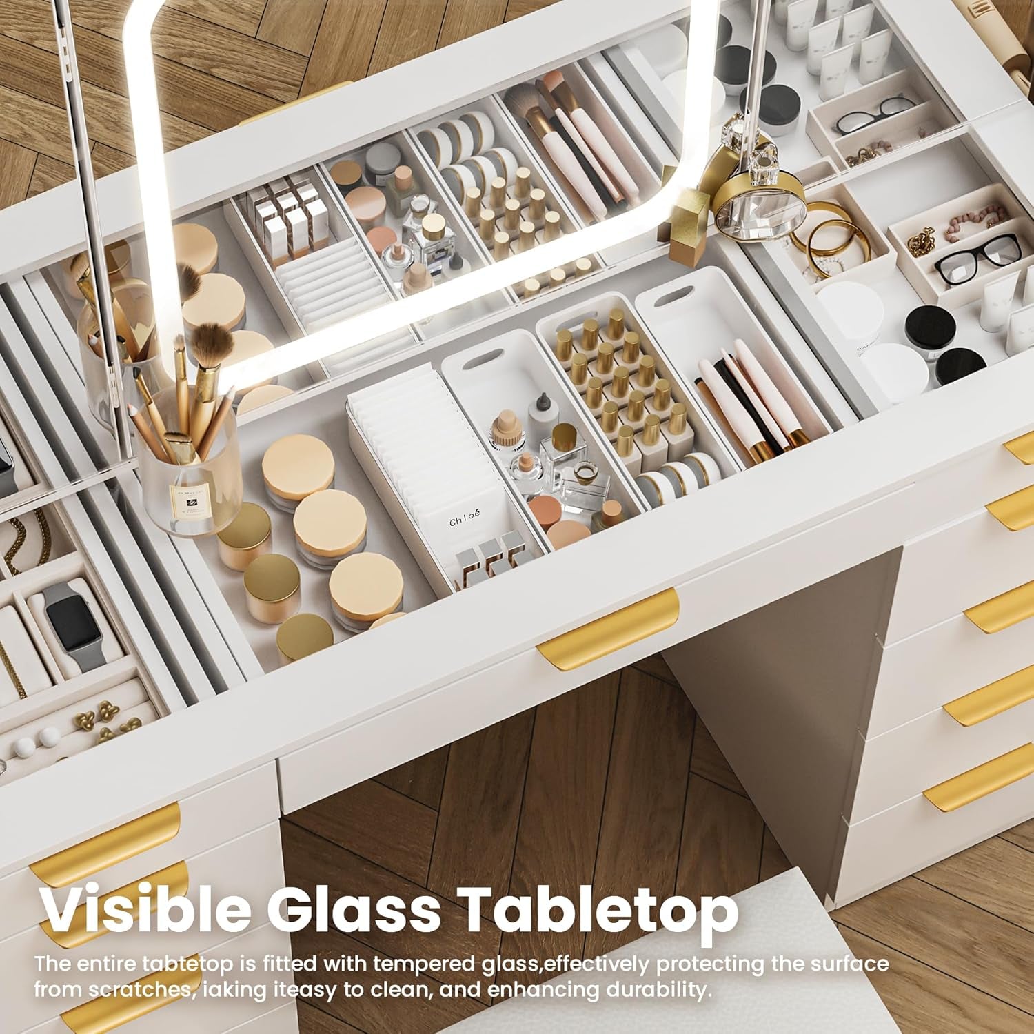 11 Drawers Vanity Desk with Foldable Mirror, Glass Top Makeup Vanity with LED Lights, 3 Lighting Modes, Golden Handles Dressing Table with Chair and Power Outlet