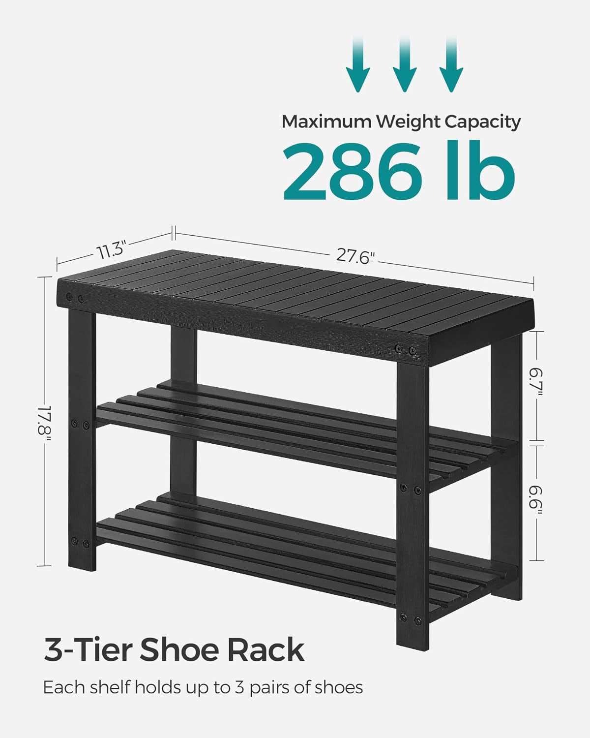 Shoe Rack Bench, 3-Tier Bamboo Shoe Storage Organizer, Entryway Bench, Holds up to 286 Lb, 11.3 X 27.6 X 17.8 Inches, for Entryway Bathroom Bedroom, Ink Black ULBS04H