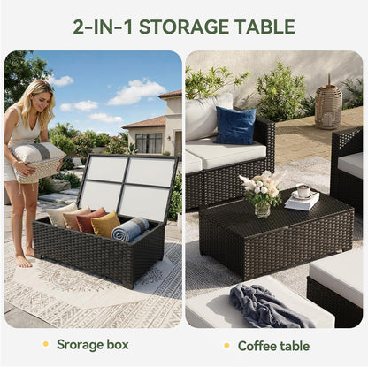 8 Piece Outdoor Patio Furniture Set 7 Seats, Outdoor Sectional with Thick Waterproof Cushions, Patio Conversation Sets for Garden,Backyard, Porch, Balcony, Deck, Black & Beige