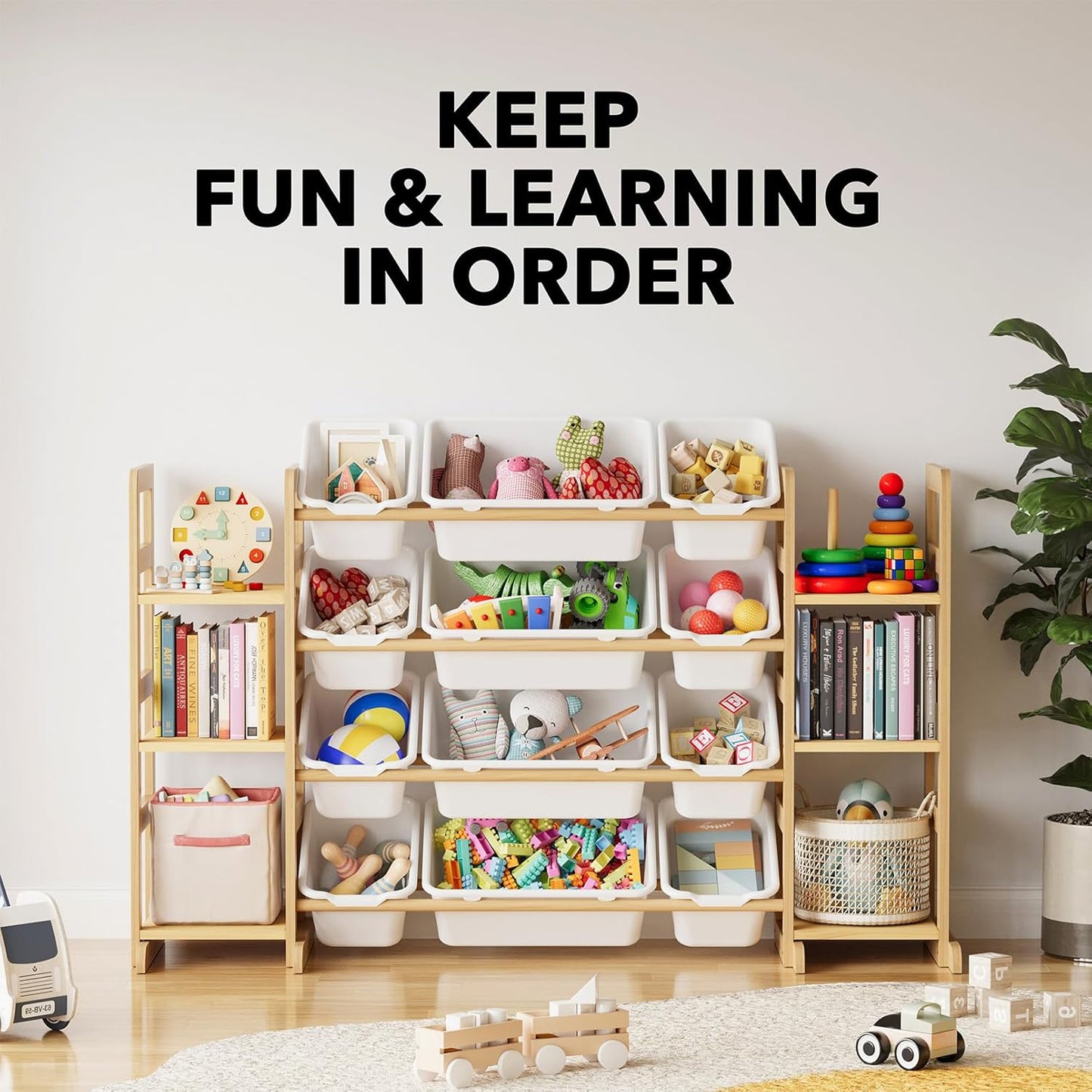 Toy Storage Organizer with 6 Shelves and 12 Bins, Bookshelf/Bookcase, Kids Bin Shelf, Toys Box for Playroom Organization for Bedroom & Room Decor, White, 52.3" W