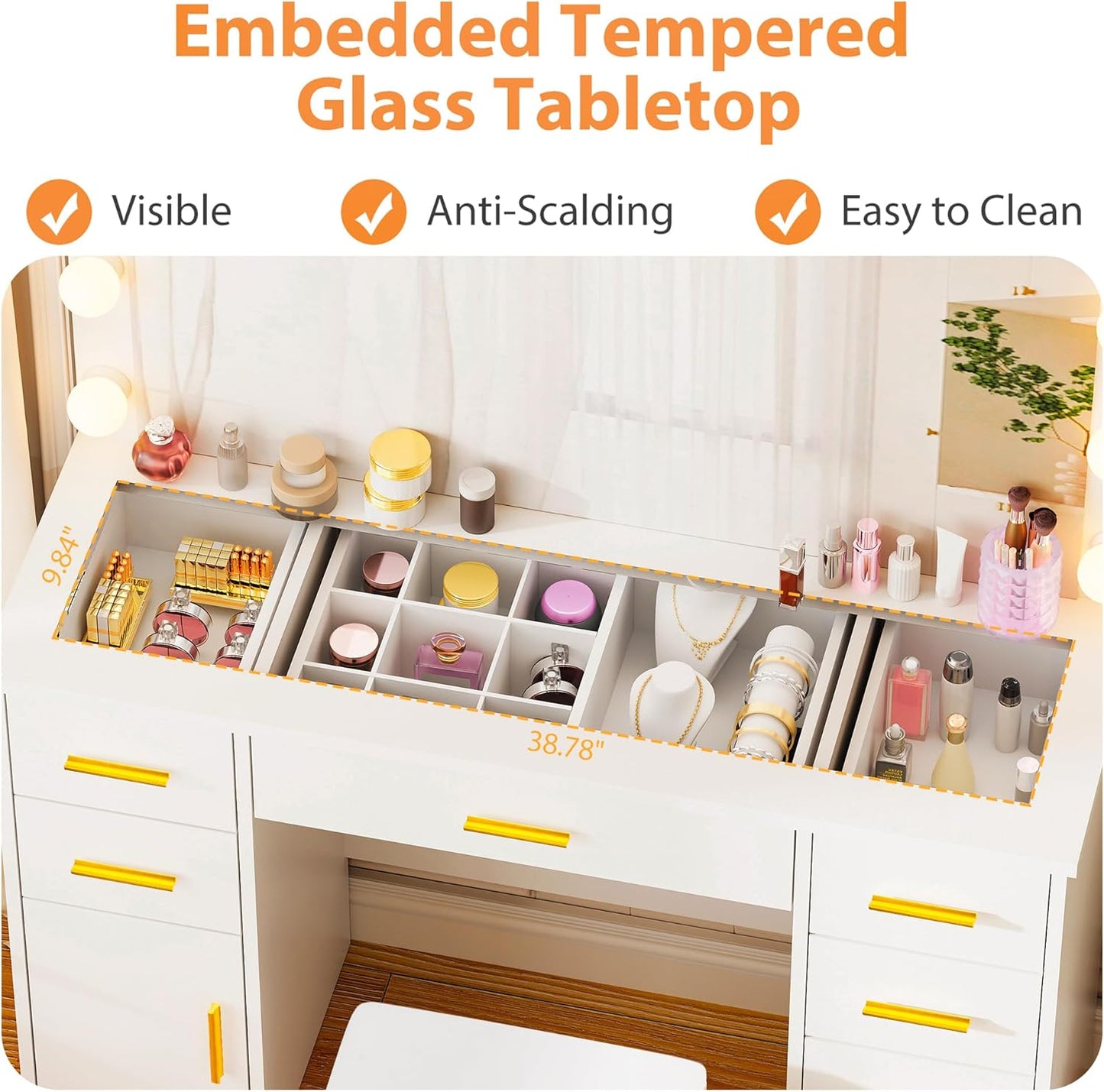 Large Vanity Desk with Lighted Mirror White Makeup Vanity Set with Glass Top & Power Outlet & 7 Drawers Storage 3 Color Lighting Modes Dressing Table with Stool for Bedroom Women Girl UBDT83W