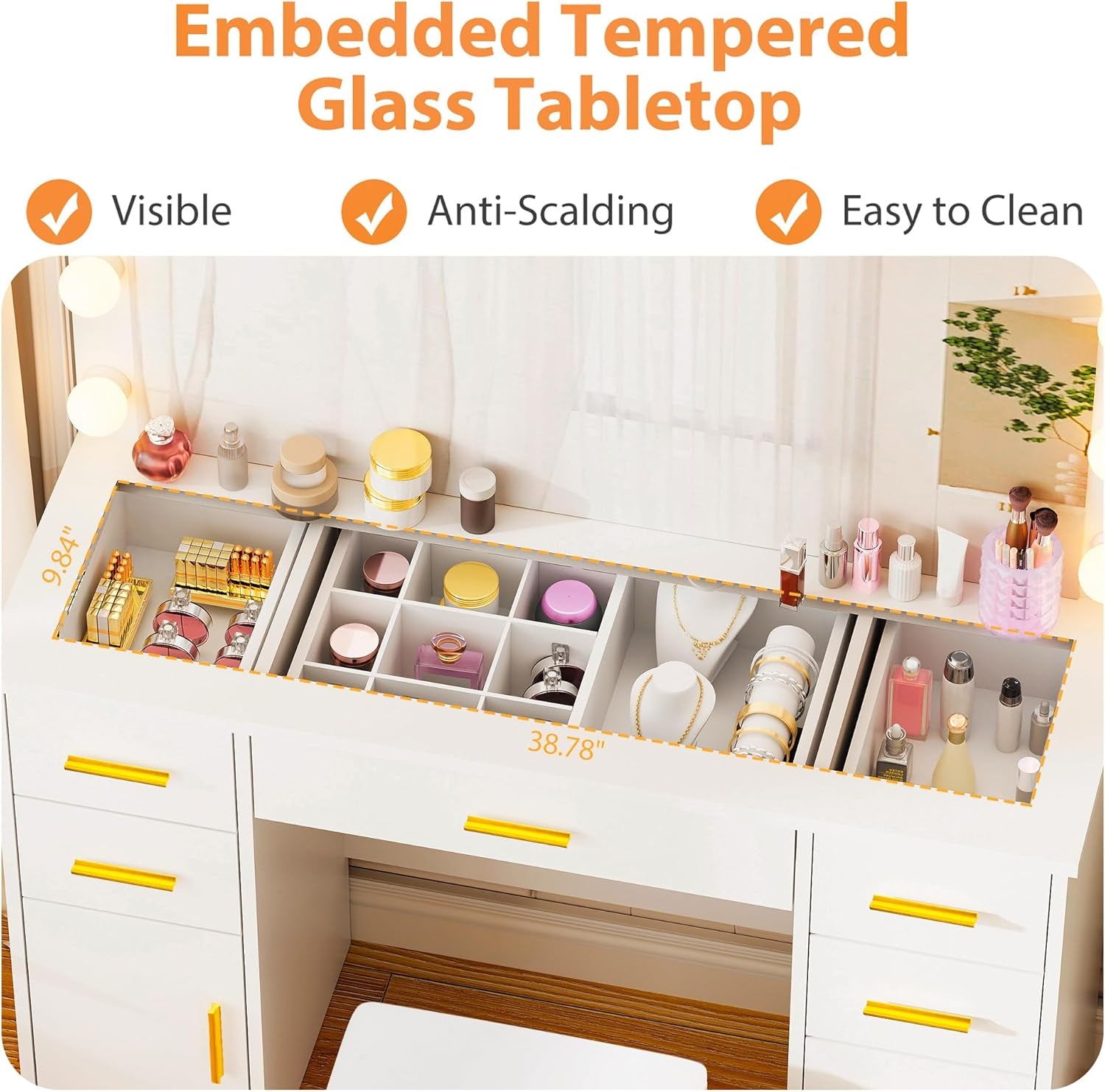 Large Vanity Desk with Lighted Mirror White Makeup Vanity Set with Glass Top & Power Outlet & 7 Drawers Storage 3 Color Lighting Modes Dressing Table with Stool for Bedroom Women Girl UBDT83W