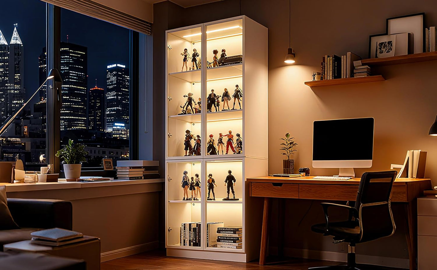 79'' Tall Glass Display Cabinet with LED Lights,Showcase with Glass Doors,5-Tier Curio Cabinet for Collectibles Bookcase,Storage Shelf, Bookcase (White- 5 Layers, Large)