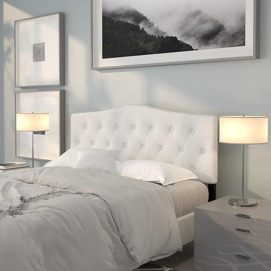 Tufted Upholstered Queen Size Headboard in White Fabric