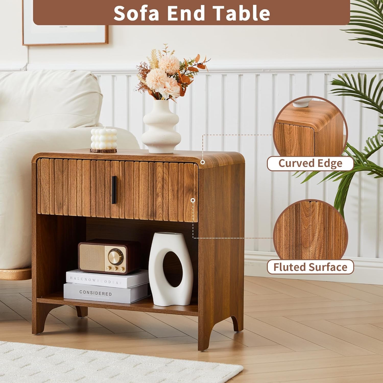 Fluted Night Stand Set of 2, Modern Nightstand Curved Profile, Drawer and Open Shelf - Bedside Table Wood Side Table Set for Bedroom (Walnut-2 Nightstands)