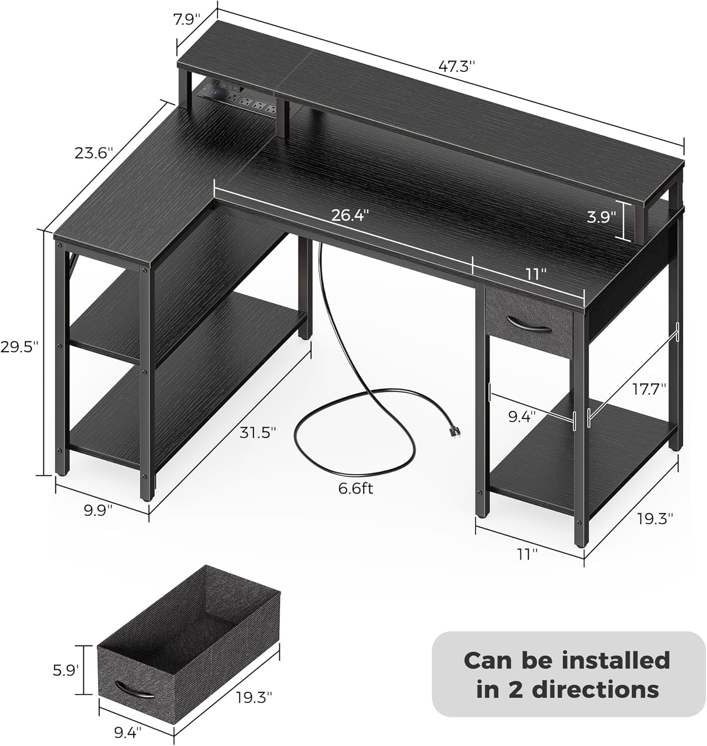 47 Inch L Shaped Gaming Desk with LED Lights & Power Outlets, Reversible Computer Desk with Shelves & Monitor Stand, Corner Desk with Drawer, for Home & Office, Black