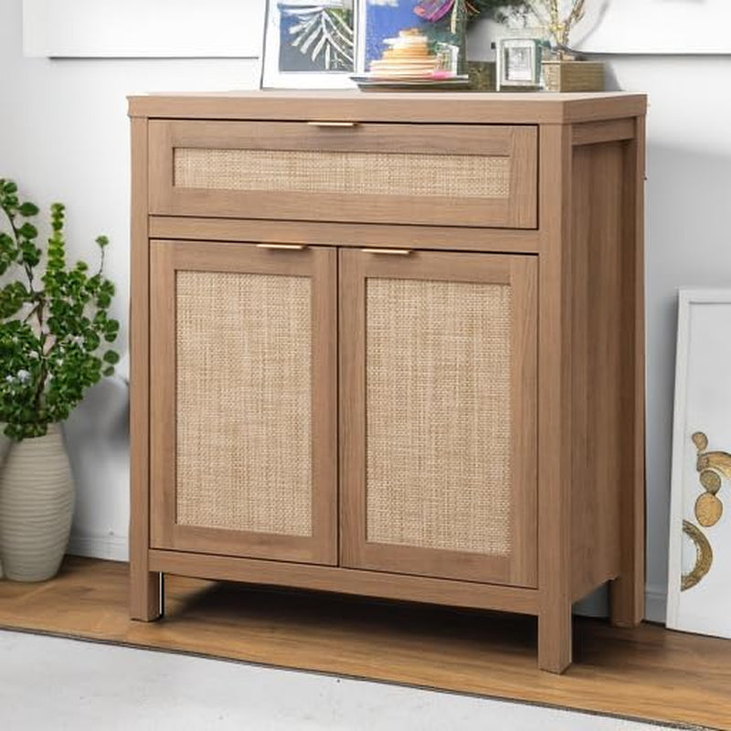 Buffet Cabinet Sideboard with Storage, Rattan Accent Cabinet with Doors Drawer, Boho Credenzas Farmhouse Buffet Table Console Coffee Bar Cabinets for Entryway Living Room, Natural Oak