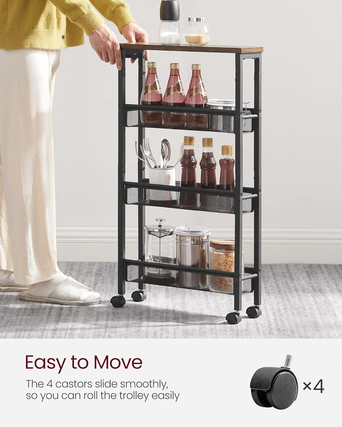 Slim Rolling Cart, 4-Tier Narrow Storage Cart with Handle, 5.1 Inches Deep, Metal Frame, for Kitchen, Dining Room, Living Room, Home Office, Rustic Brown and Classic Black ULRC032B01V1