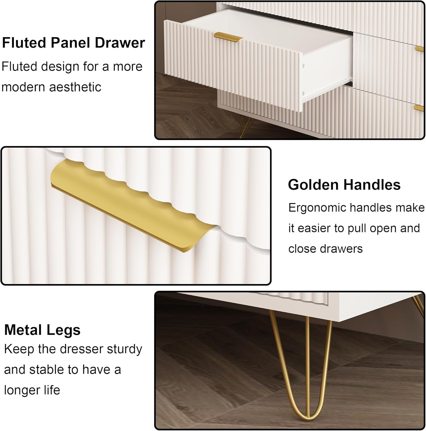 White 6 Drawer Dresser with Golden Handle, Fluted Wood Dressers, Modern Chest for Bedroom, Living Room, Hallway, Entryway