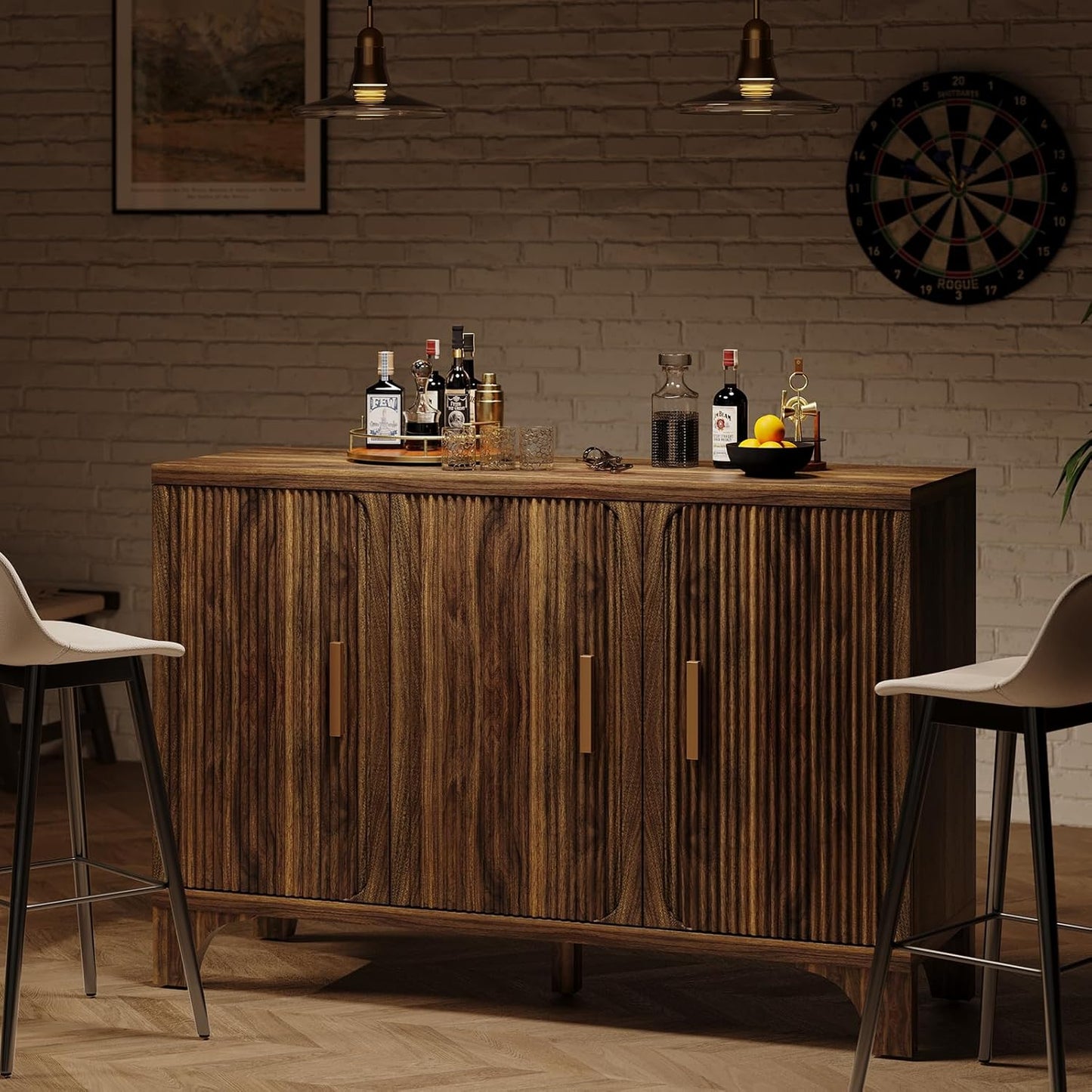 Mid Century Modern Buffet Cabinet with Storage, Accent Sideboard and Credenza with Fluted Doors, Wood Coffee Bar Console for Kitchen, Living Room (Walnut Brown, 47" 3-Door)