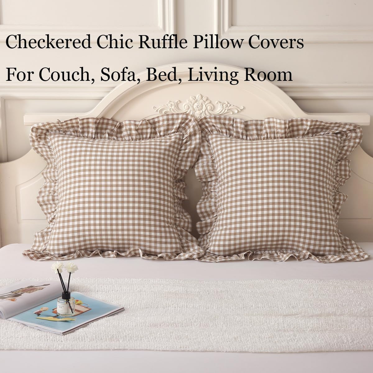 2 Pack Taupe/White Plaid Ruffle Throw Pillow Covers Farmhouse Checkered Chic Washed Cotton Pillowcases Gingham Pillow Shams for Bed, Sofa, Living Room-20"X20"