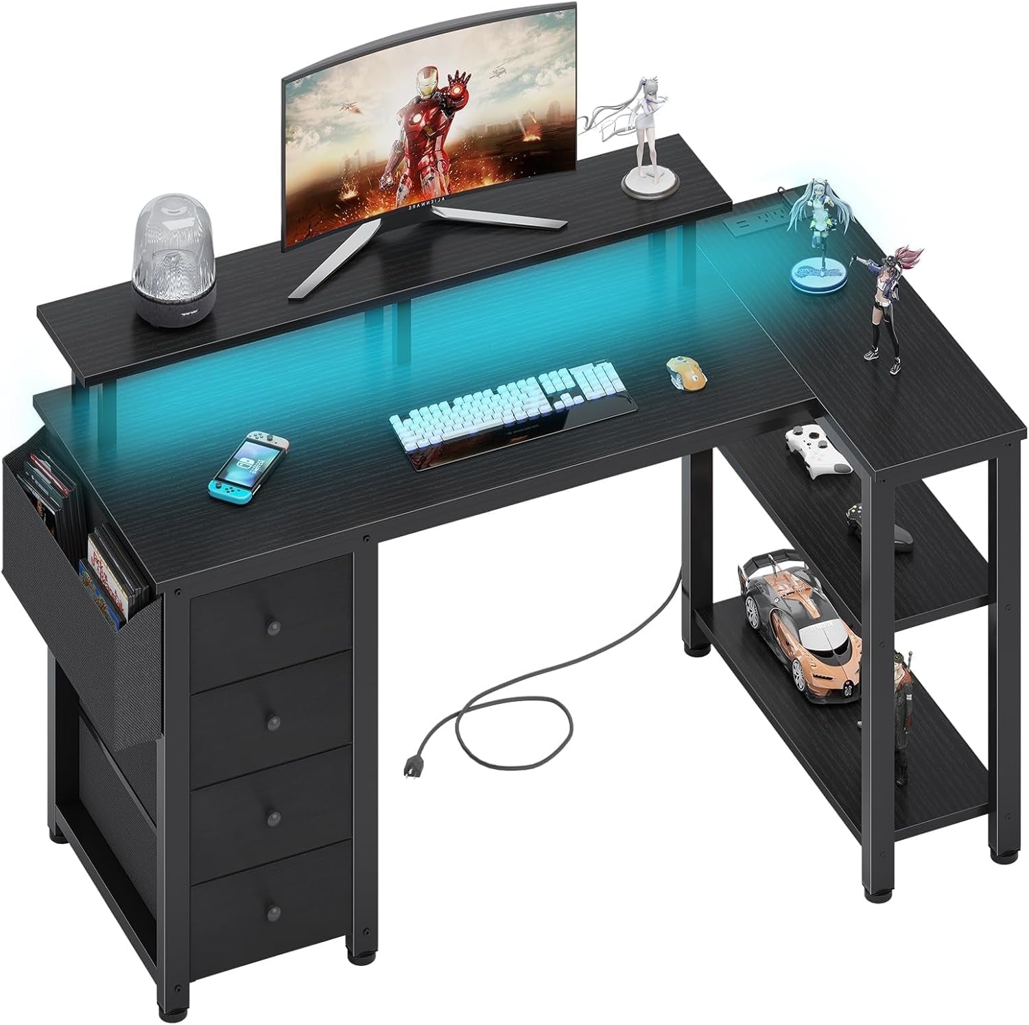 Black L Shaped Desk with Led Lights and Power Outlets, 47 Inch Writing Study Computer Gaming Desks with Fabric Drawers for Bedroom, Home Office Corner Desk with Monitor Stand Shelves, Black