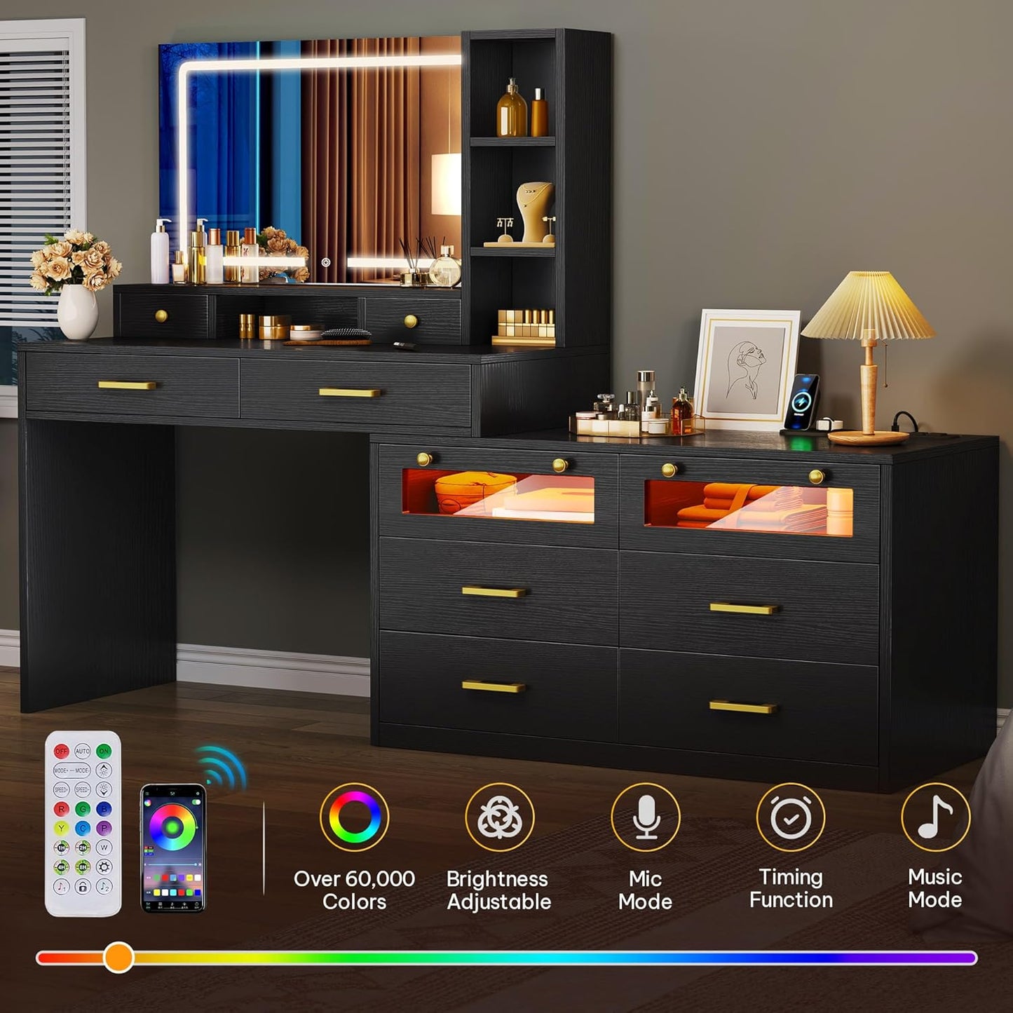Large Vanity Desk with Mirror - RGB LED and Charging Station, Make up Vanity Mirror with 3 Lights Mode and Brightness Adjusted, Large Storage Space-10 Drawers, 3 Open Shelves, Black