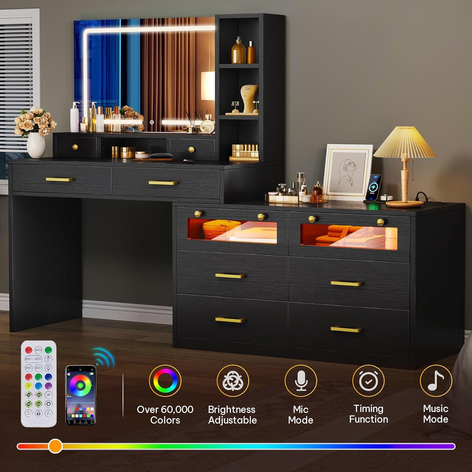 Large Vanity Desk with Mirror - RGB LED and Charging Station, Make up Vanity Mirror with 3 Lights Mode and Brightness Adjusted, Large Storage Space-10 Drawers, 3 Open Shelves, Black