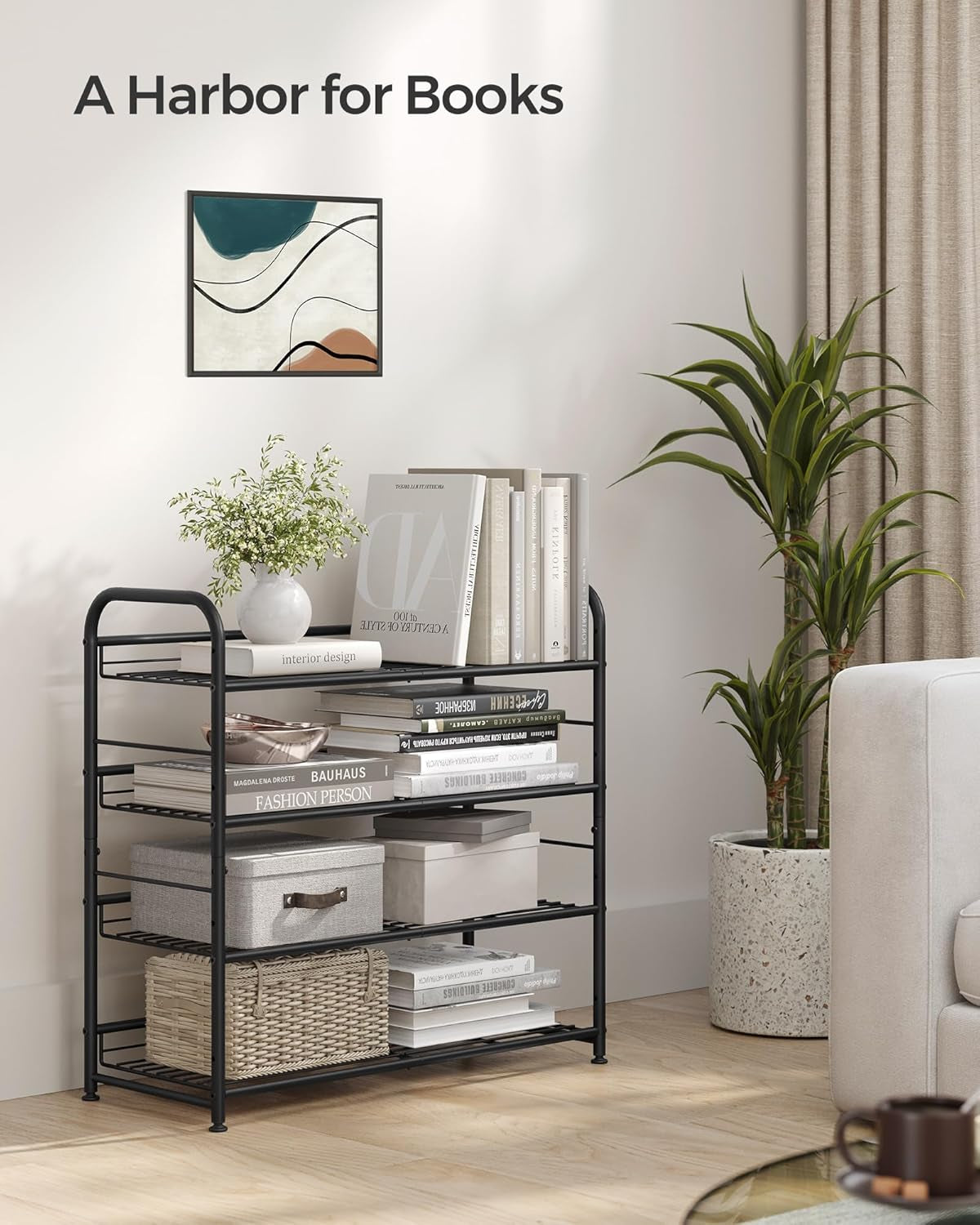 Stackable Shoe Rack, 4 Tier Metal Shoes Rack Storage Shelf, Holds up to 20 Pairs Shoes, Adjustable Slanted Shelves Shoe Tower Organizer for Closet Entryway Small Spaces, Black