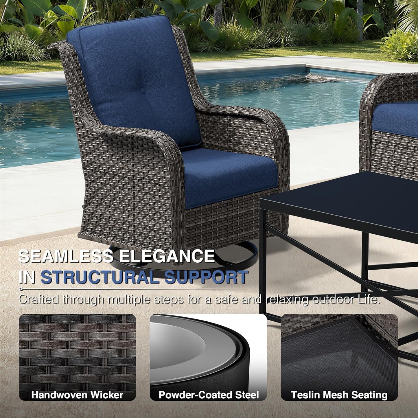 3 Piece Wicker Patio Furniture Set, Outdoor Swivel Rocker Patio Chairs with High Back, Deep Seating, Wide Armrest, Thickened Cushions, Outdoor Furniture for Deck, Porch Use