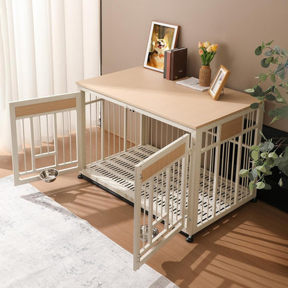 48 Inch Heavy Duty Dog Crate Furniture with Removable Tray & 2 Feeders, Decorative Pet House End Table, Extra Large Wooden Cage Kennel Furniture Indoor, Natural and White