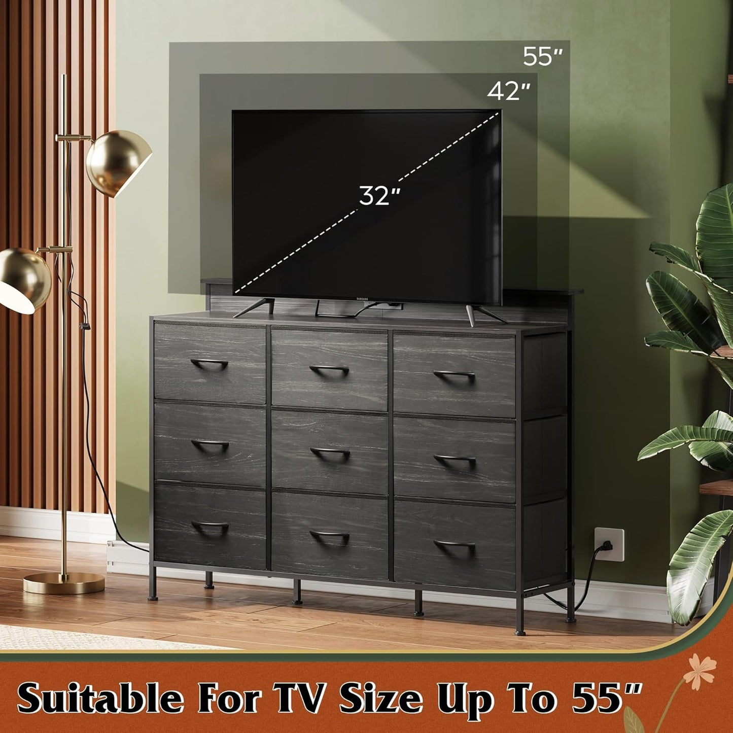 Black Dresser TV Stand for 45, 50, 55 Inch TV, Entertainment Center with LED Lights & Charging Station, Chest of Drawers with 9 Fabric Drawers and Open Shelves for Living Room, Hallway, Wood Top