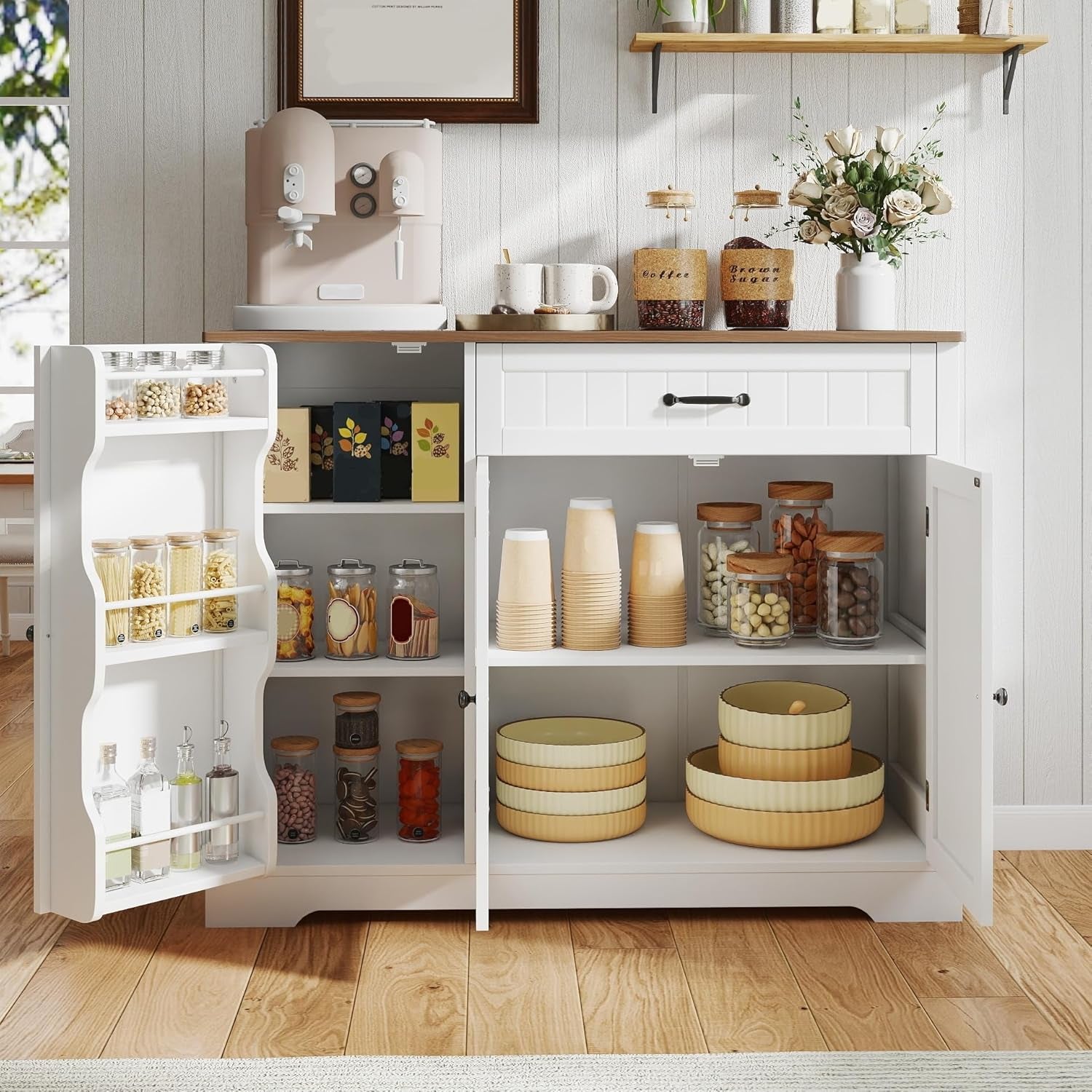 Kitchen Coffee Bar Cabinet with Storage Kitchen Sideboard Buffet Cabinet with Drawers, Short Pantry with Door and Shelves for Bathroom and Living Room, White and Rustic
