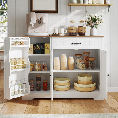 Kitchen Coffee Bar Cabinet with Storage Kitchen Sideboard Buffet Cabinet with Drawers, Short Pantry with Door and Shelves for Bathroom and Living Room, White and Rustic