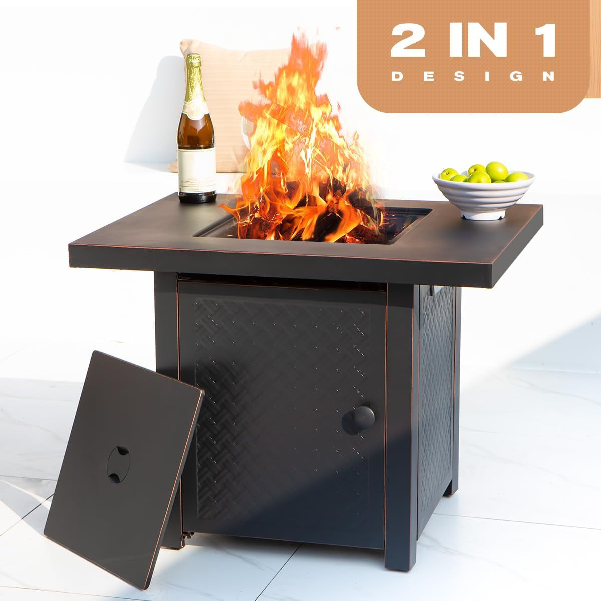 32'' Propane Fire Pit,50000 BTU Gas Firepit Table with 2 Drink Holders, Lid & Lava Rock,Csa Certified Outdoor Fire Pit Table for Dining or Party,Propane Firepits for Outside,Patio,Yard