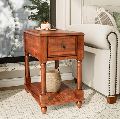 Narrow End Table with Drawer and Storage Shelf, Solid Wood Sofa Side Tables, Slim beside Table-, Telephone for Small Spaces, Living Room, 22"L X 13"W X 22.7"H No-Tools Assembly Caramel Brown BBJ004DR