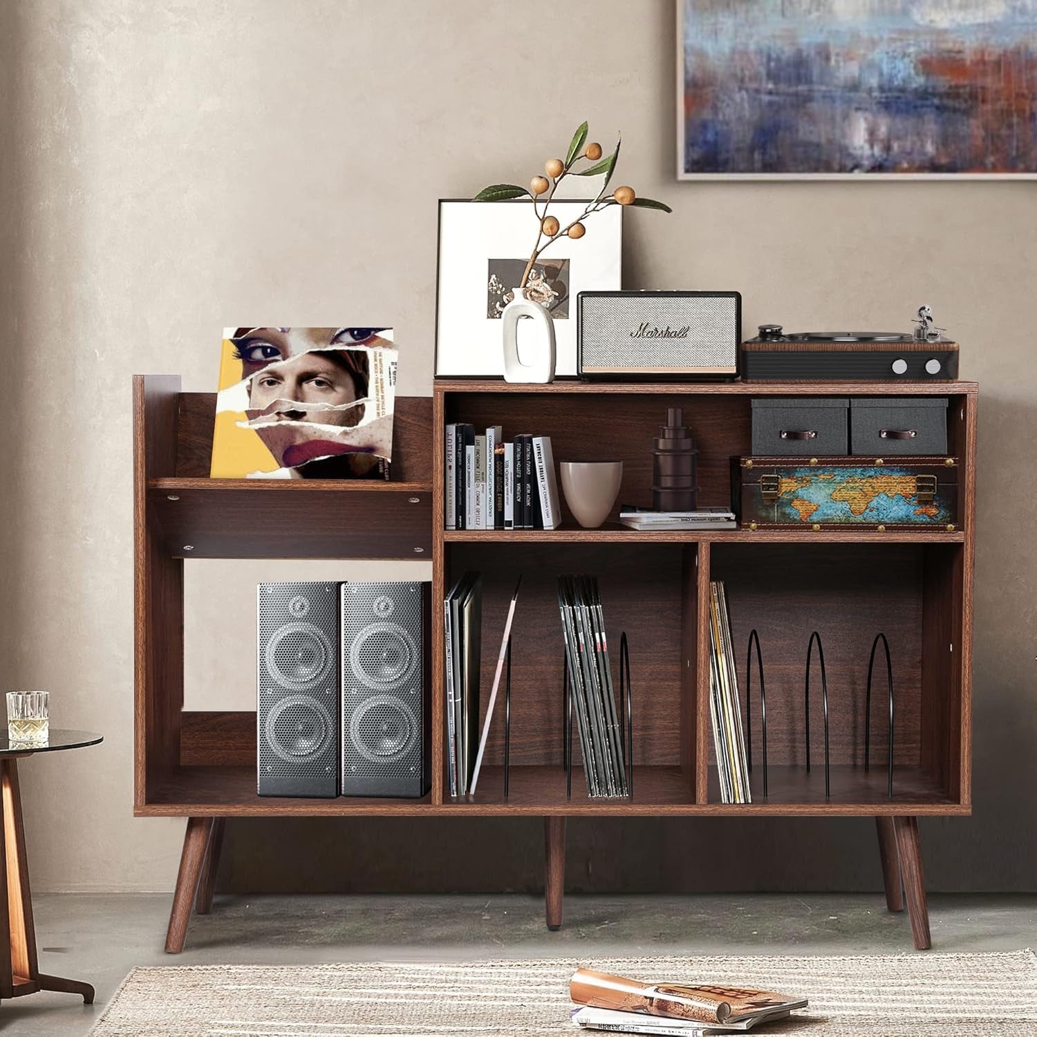 Record Player Stand, Mid-Century Modern Vinyl Record Storage Cabinet Table with Wood Legs, Turntable Stand Record Holder Holds up to 300 Albums for Living Room, Bedroom