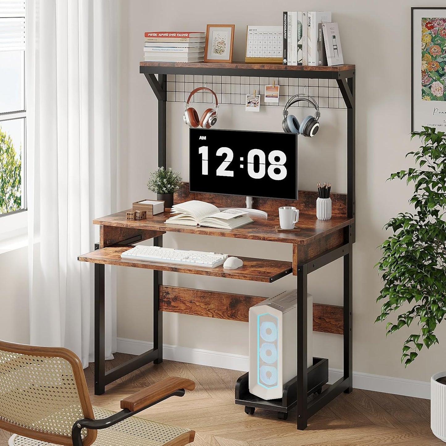 31.5" Small Computer Desk with Hutch, Office Desk Study Table Writing Desk Workstation PC Table for Home Office, Space Saving Design