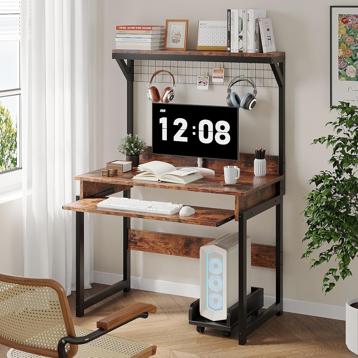 31.5" Small Computer Desk with Hutch, Office Desk Study Table Writing Desk Workstation PC Table for Home Office, Space Saving Design