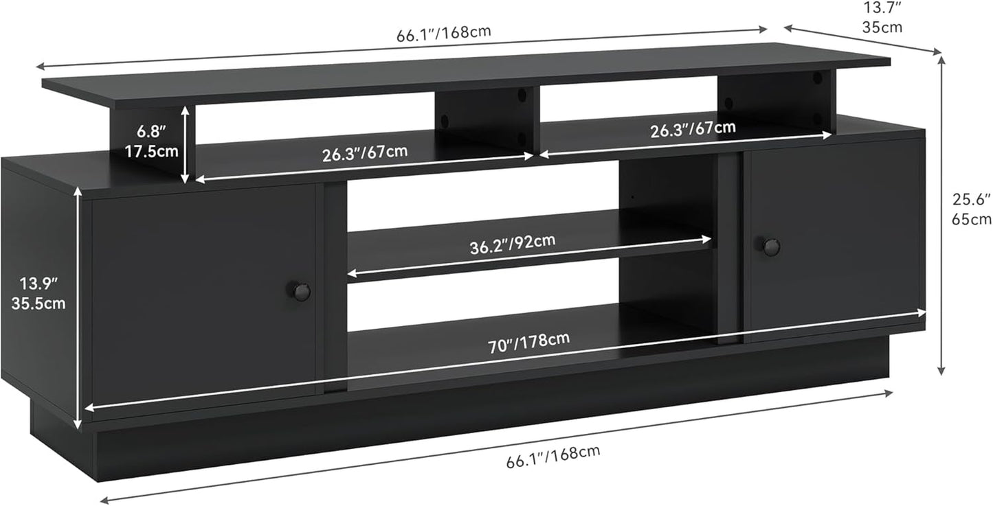 Modern TV Stand with LED Lights for up to 80 Inch Tvs, Entertainment Center with Storage Cabinets & Movable Partition for Living Room (Black)