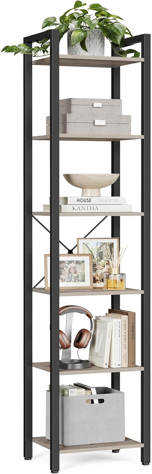 6-Tier Bookshelf, Bookcase with Steel Frame, Book Shelf for Living Room, Home Office, Study, 11.8 X 15.7 X 73.2 Inches, Industrial Style, Heather Greige and Ink Black ULLS101B02