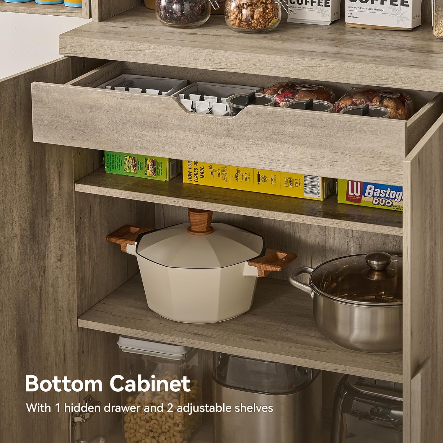 71" Tall Kitchen Pantry Cabinet, Pantry Storage Cabinet with 6 Door Shelves, Hidden Drawer and Adjustable Shelf, Freestanding Rustic Wood Pantry for Kitchen, Dining Room (Grey Oak)