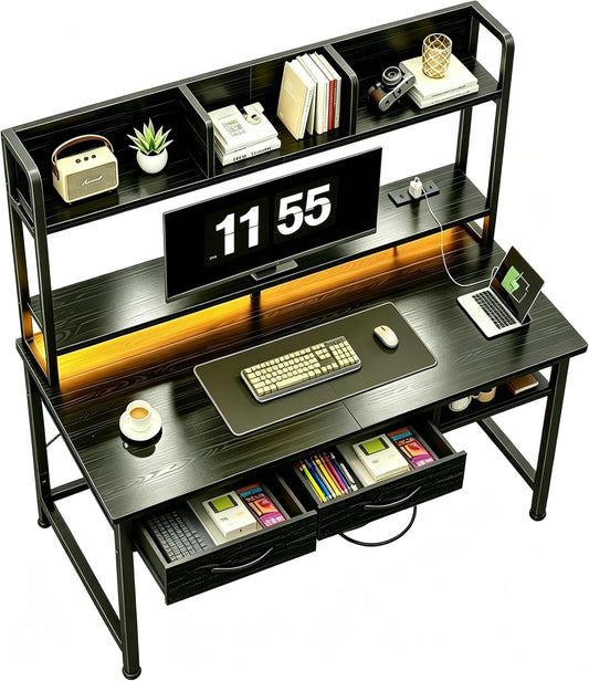 39.4" Computer Desk with Hutch & Monitor Stand,Gaming Desk with LED &Power Outlet,Writing Desk with 2Drawers &1Open Storage,Office Desk,Study Desk for Bedroom Home Office,Small Space,Black