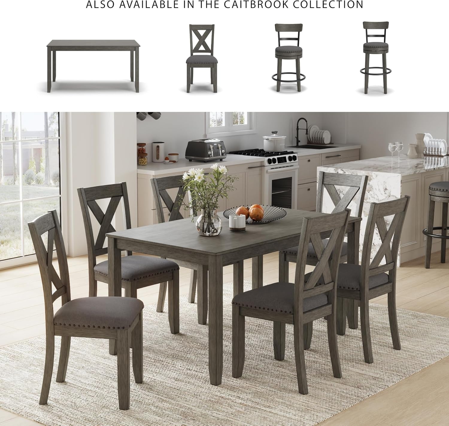 Caitbrook Rustic 7 Piece Dining Set, Include Table and 6 Chairs, Gray